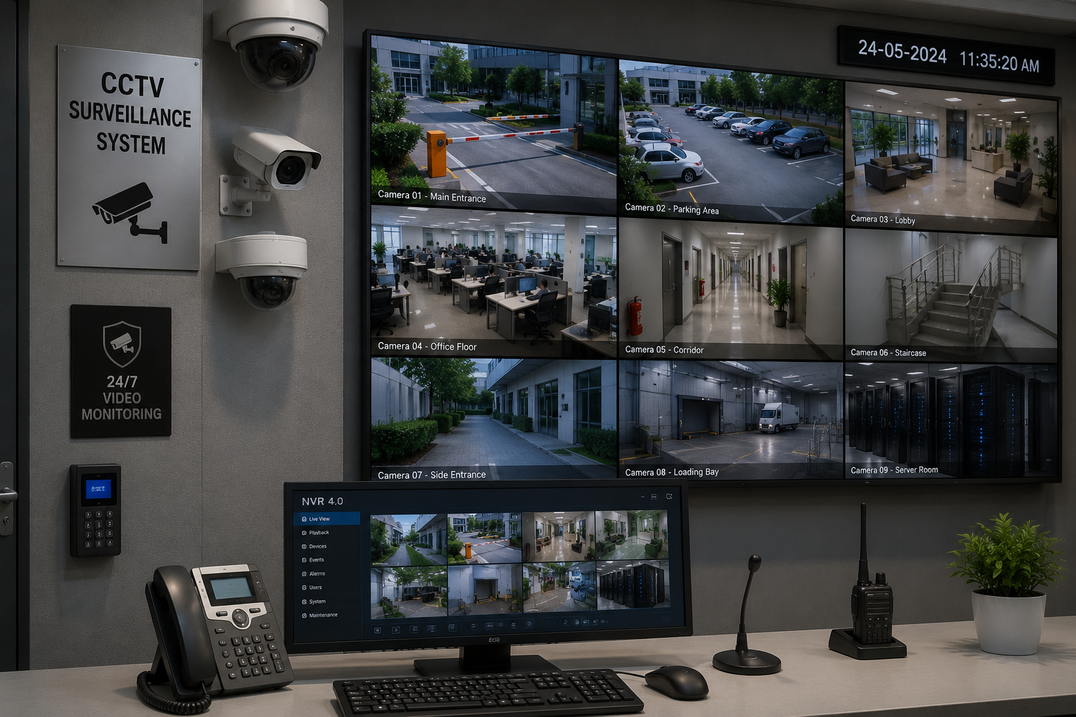 Dome and bullet CCTV cameras mounted beside a control desk with NVR monitor and multi-camera video wall
